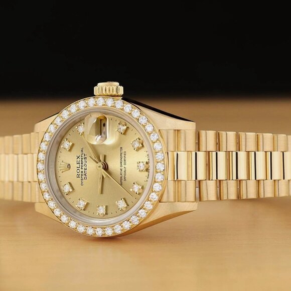 ROLEX LADIES 18K YELLOW GOLD CHAMPAGNE FACTORY DIAMOND PRESIDENT WATCH BOX TAG - Picture 3 of 10